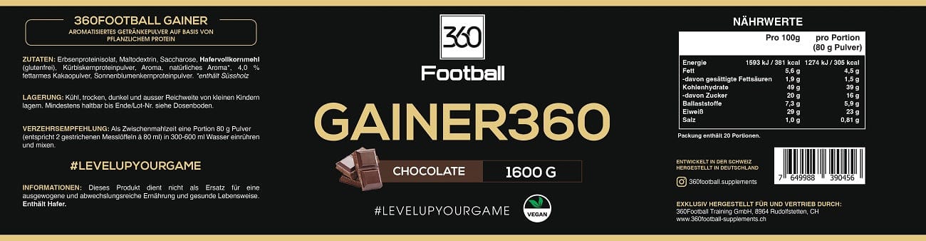 Das Label vom Gainer360 mit den Nährwerten und Informationen zum Produkt