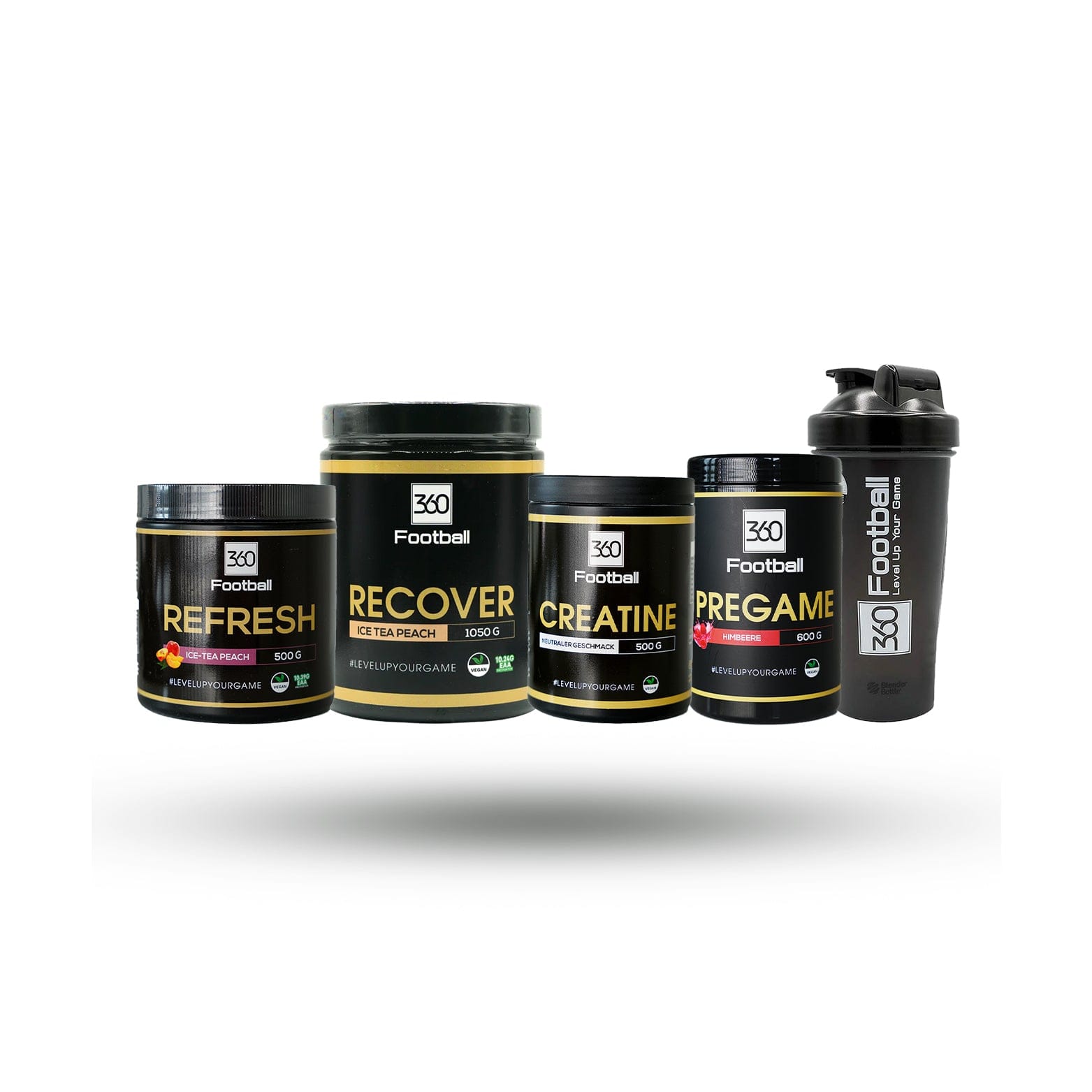 Die ganze Produktlinie von 360Football Supplements ist zentriert zu sehen mit weissem Hintergrund