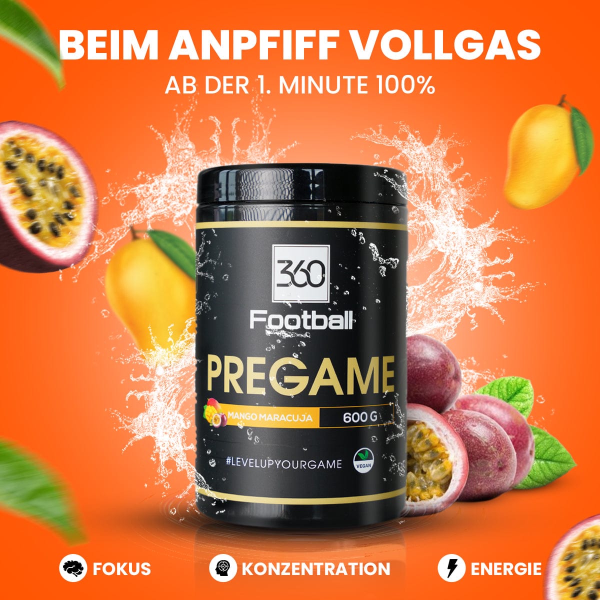 Der Mango Maracuja Pregame umgeben von Mangos in einer Grafik