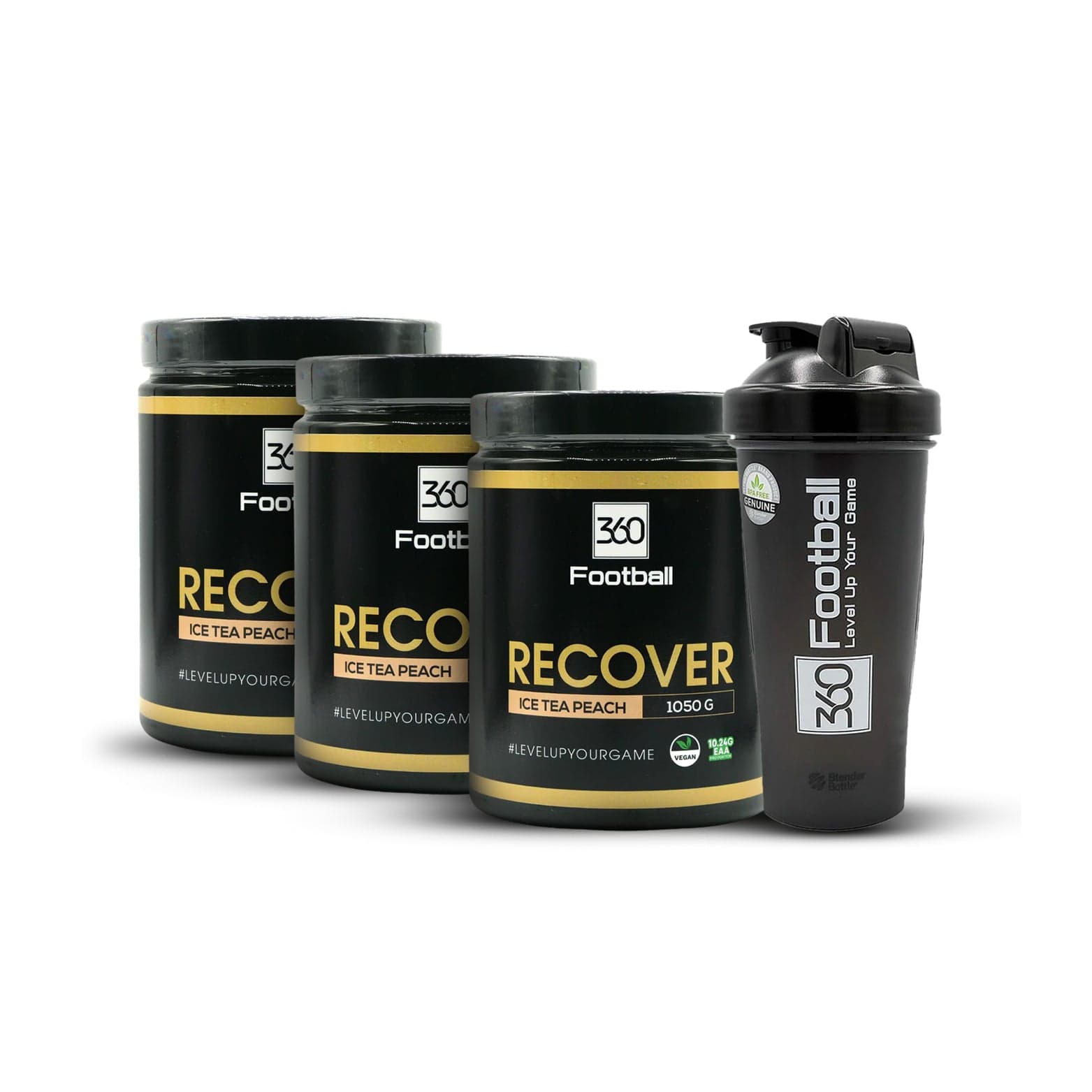 Drei Recover360 sind in einer Reihe mit einem 360Football Shaker zentriert auf weissem Hintergrund zu sehen