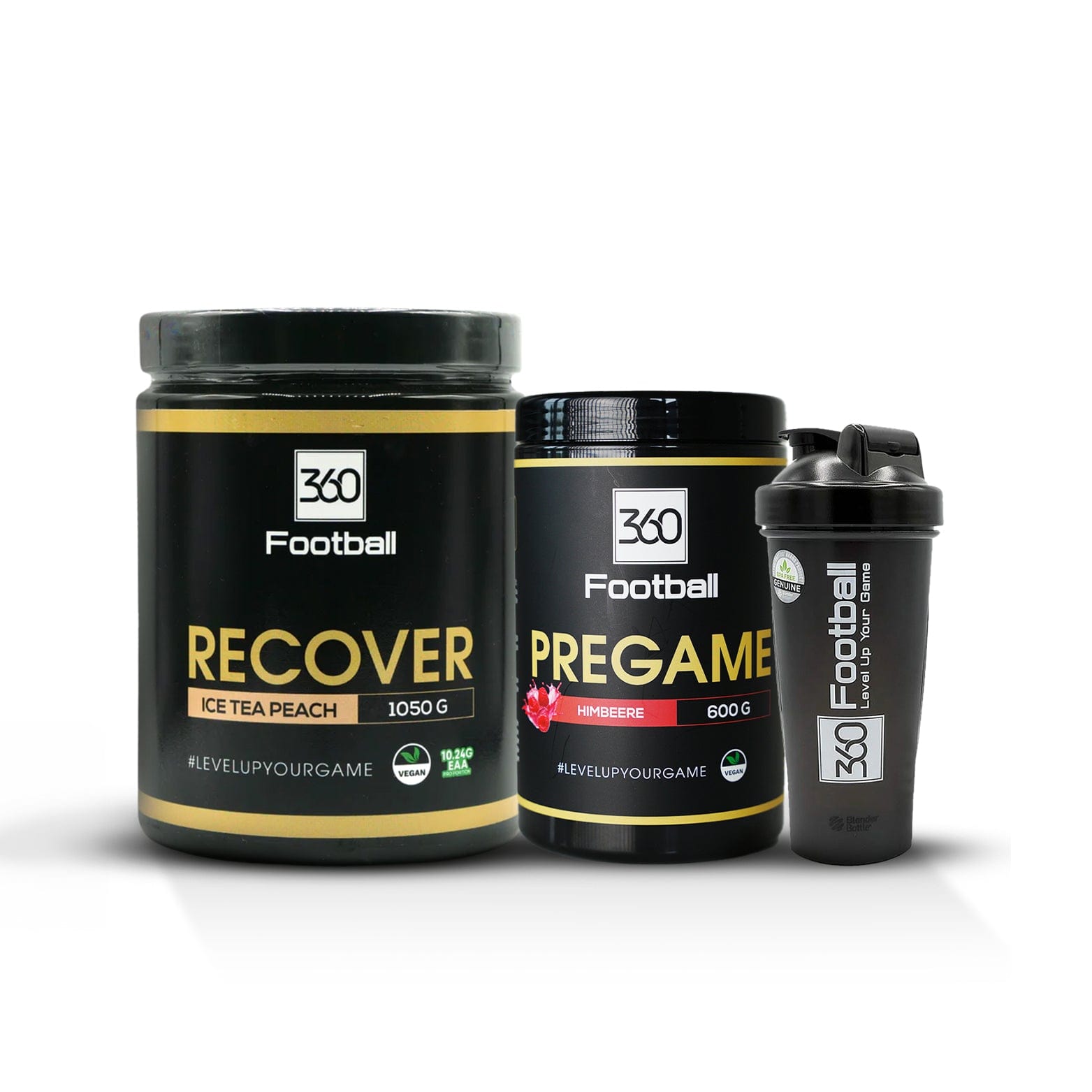 Ein Recover360 mit einem Pregame360 und Shaker360 steht zentriert auf weissem Hintergrund