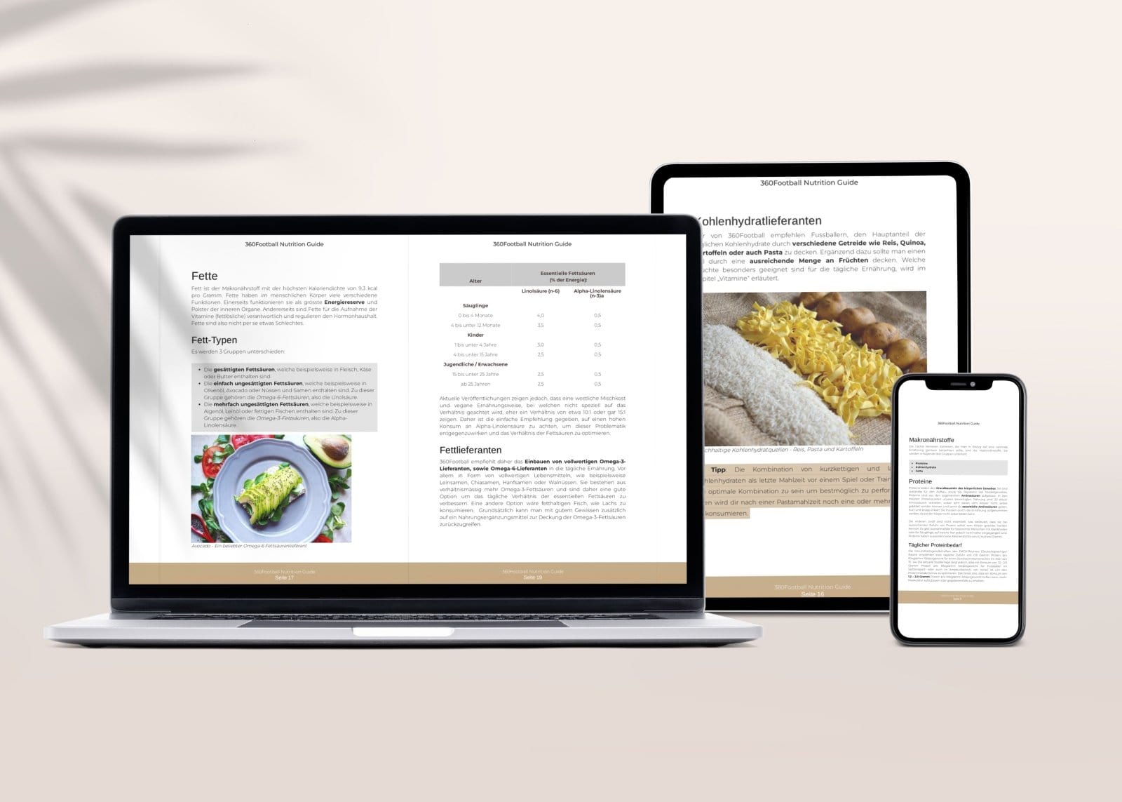 Drei Endgeräte mit Grafiken aus dem 360Football Nutritionguide sind zu sehen