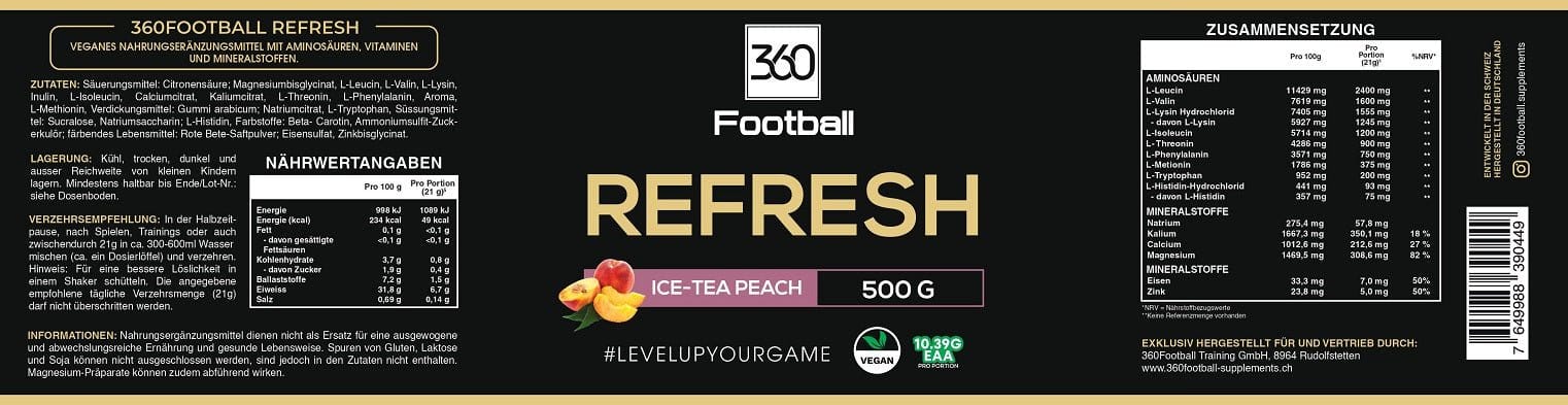Die ganze Refresh360 Dosenetikette ist zu sehen mit allen Nährwerten
