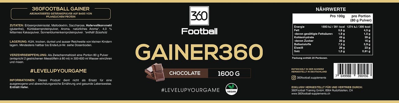 Das Label vom Gainer360 mit den Nährwerten und Informationen zum Produkt 
