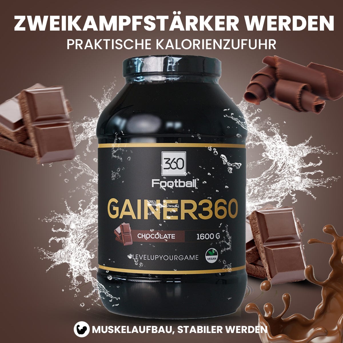 Der Gainer360 mit einer Schokoladen Grafik im Hintergrund