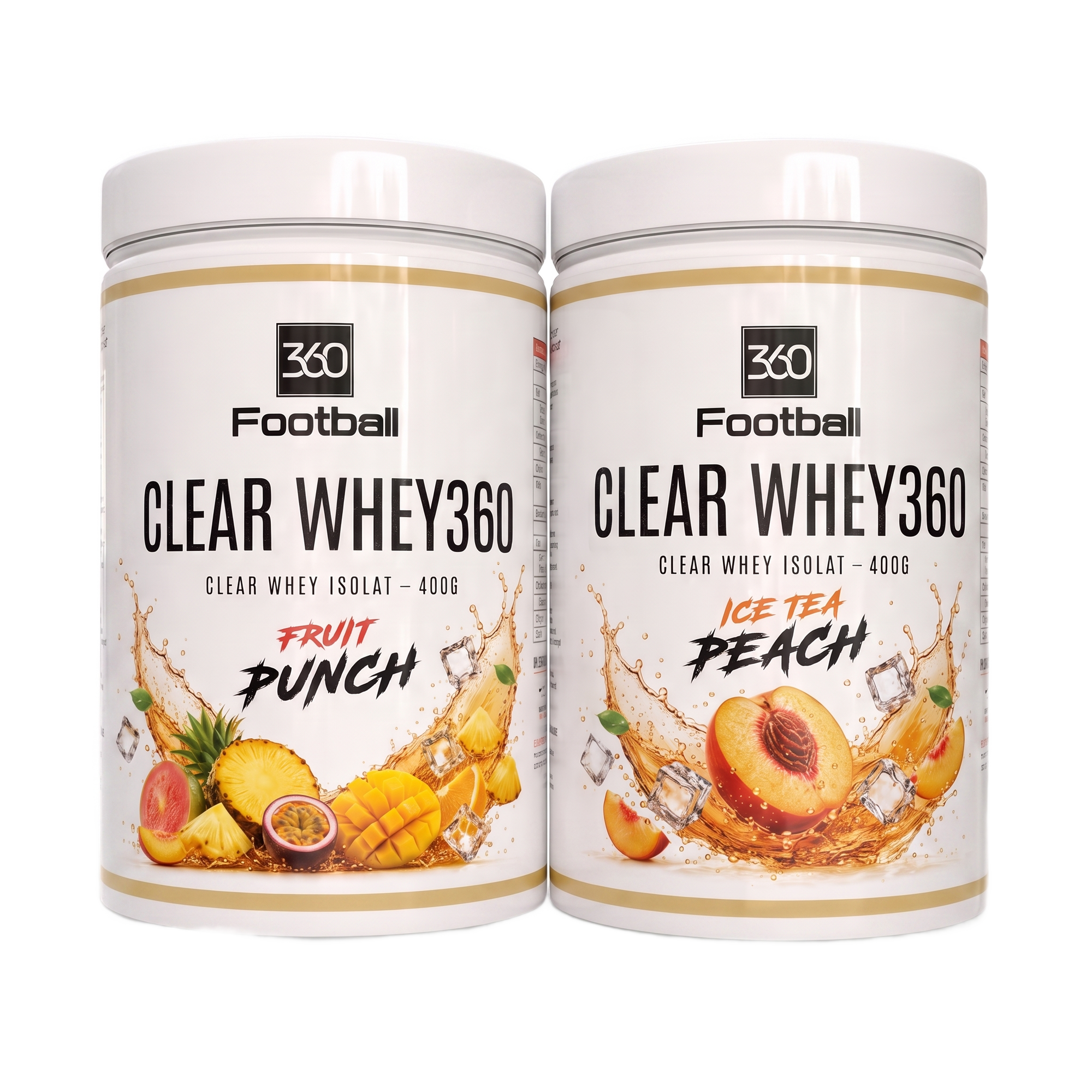 Clear Whey360 Doppelpack – Fruit Punch und Ice Tea Peach Dosen auf weissem Hintergrund