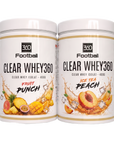 Clear Whey360 Doppelpack – Fruit Punch und Ice Tea Peach Dosen auf weissem Hintergrund