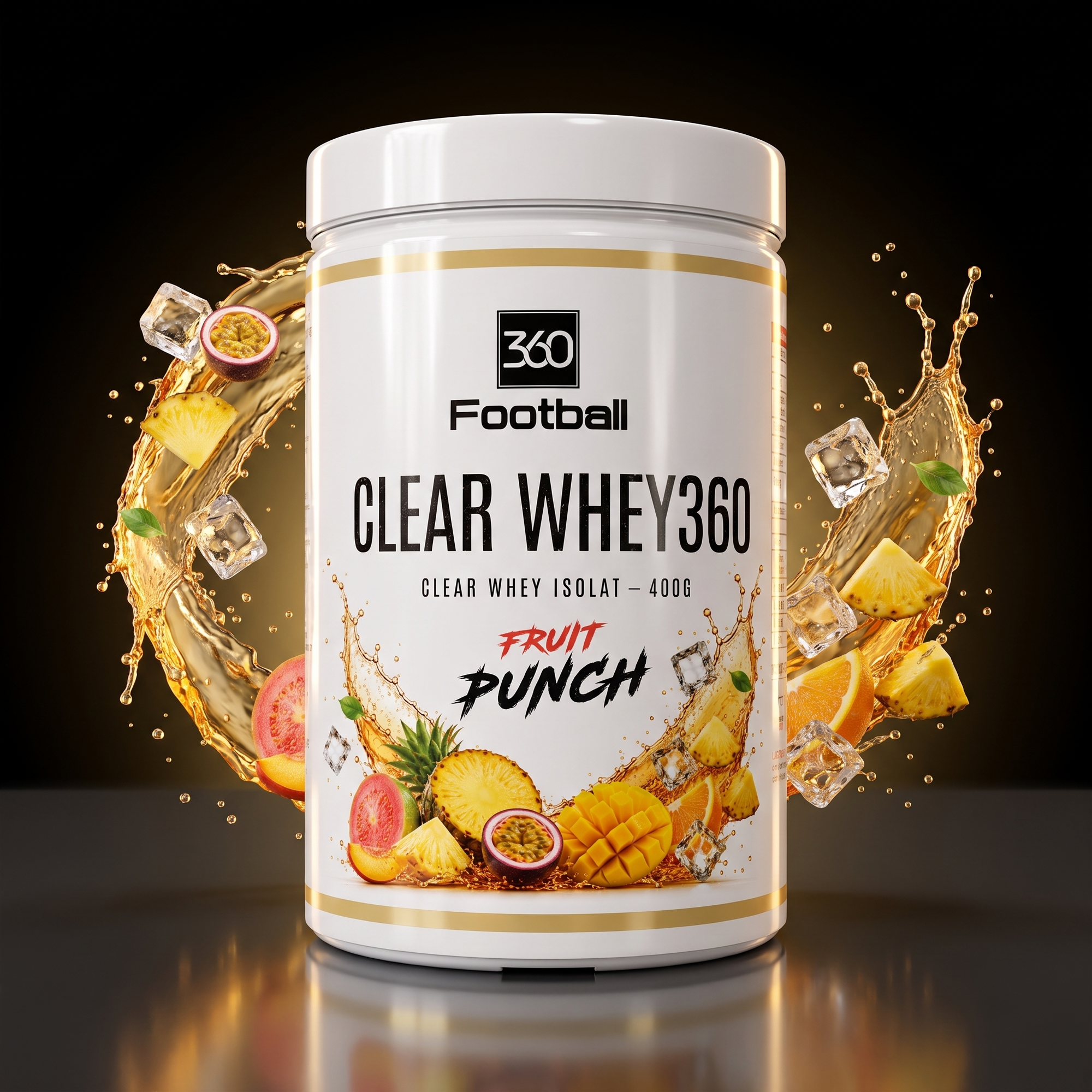 Clear Whey360 Fruit Punch – Clear Whey Protein Dose, Hero auf Schwarz-Gold