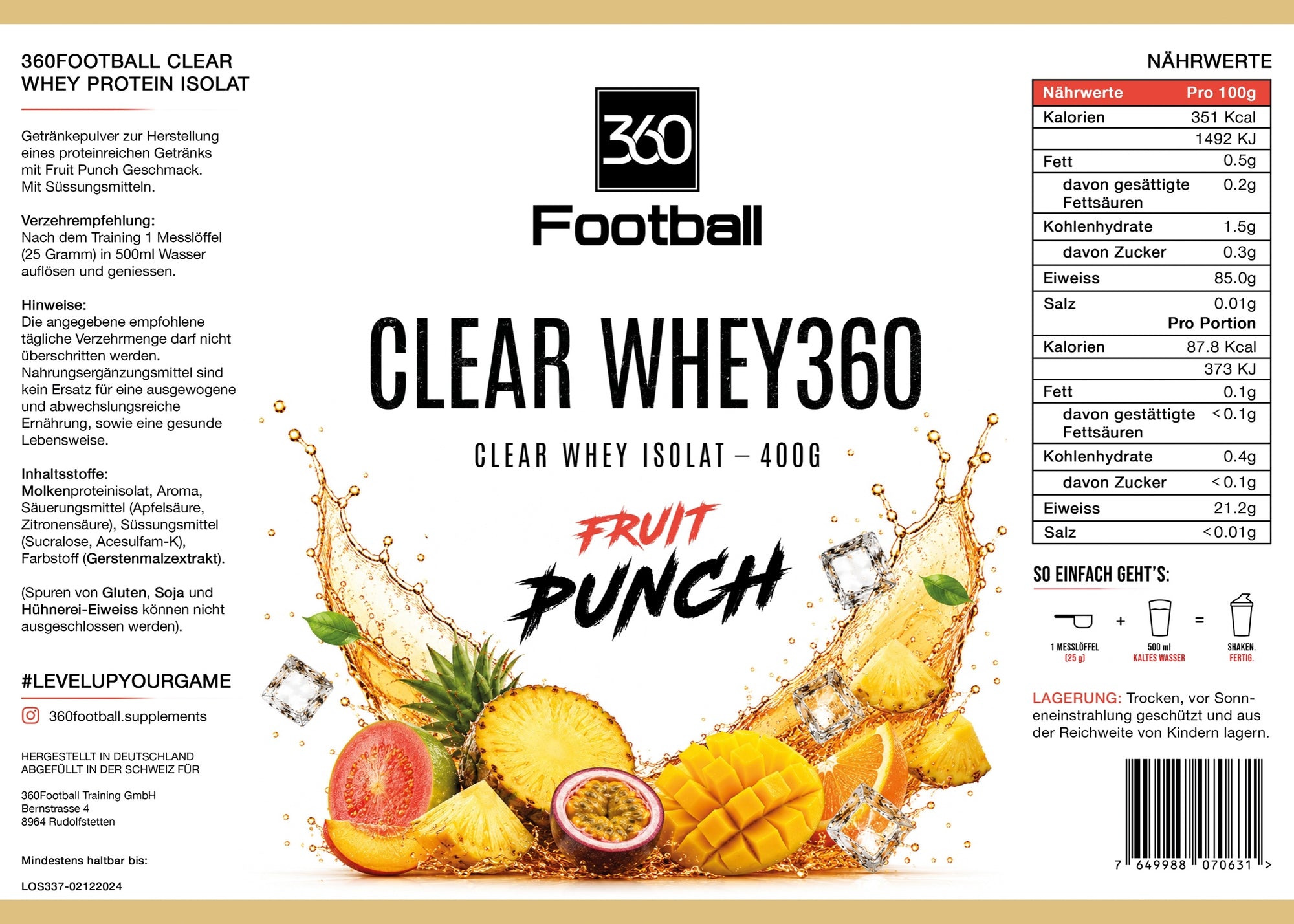 Clear Whey360 Fruit Punch – Etikett mit Nährwerten und Zutaten