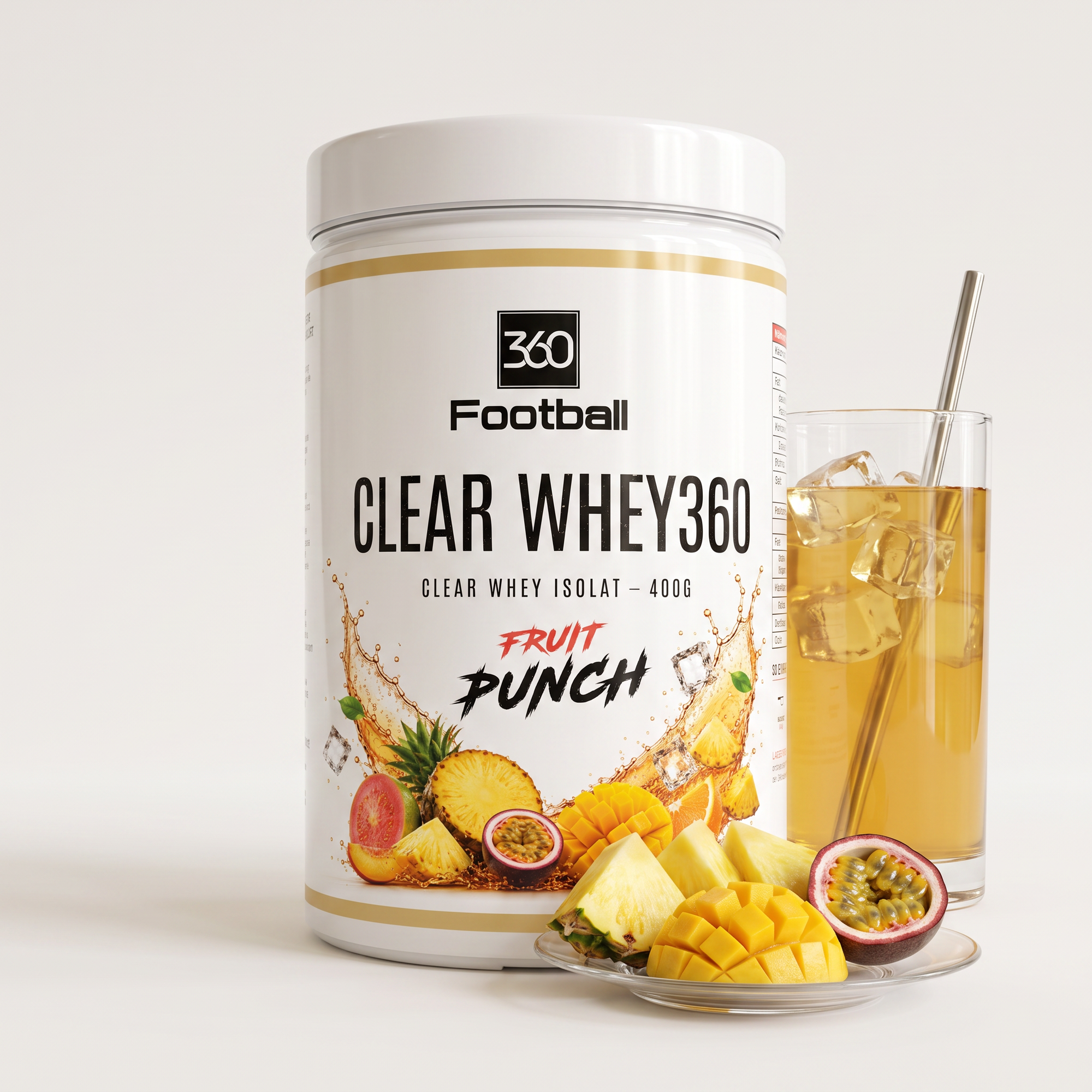 Clear Whey360 Fruit Punch – Studioaufnahme mit Drink und Früchten