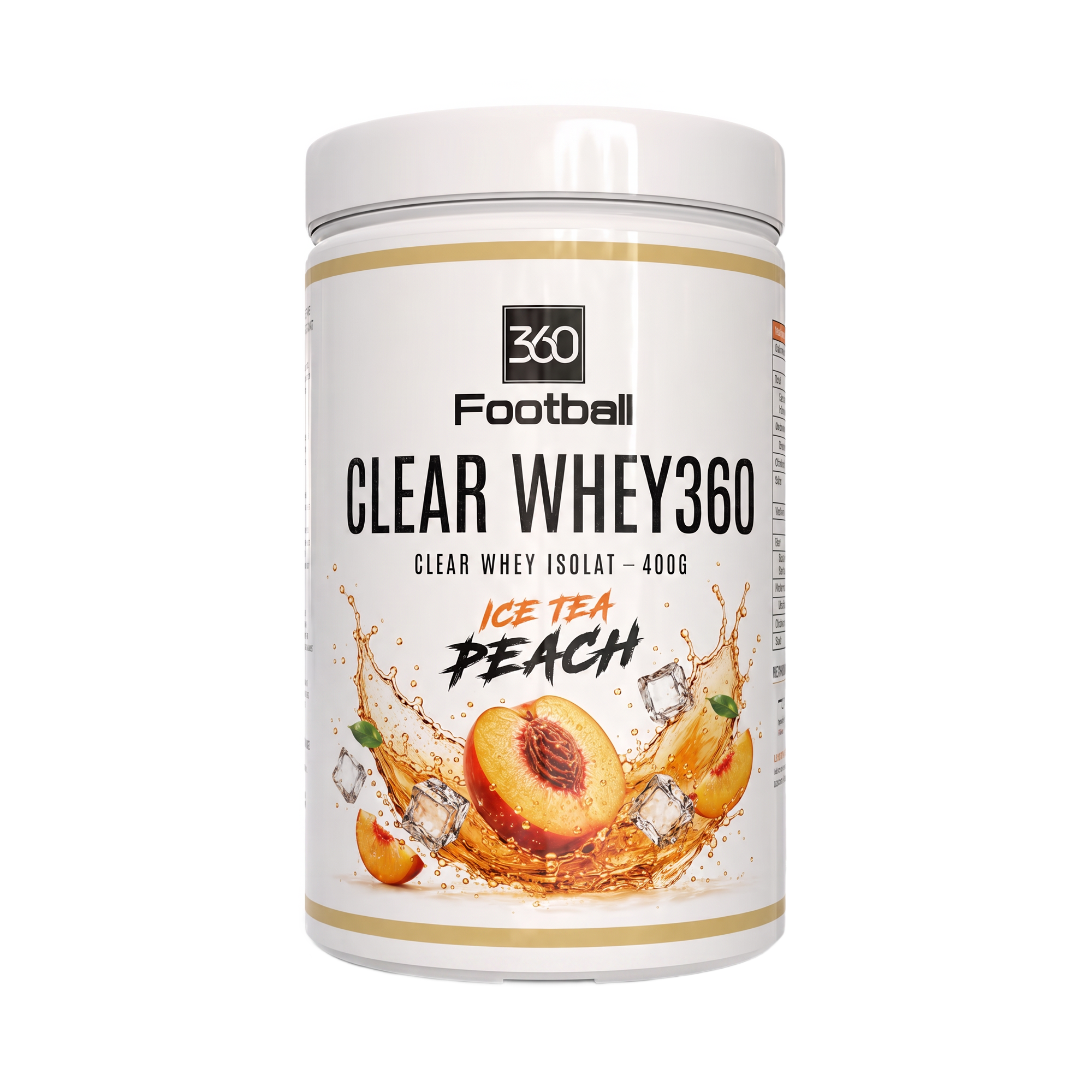 Clear Whey360 Ice Tea Peach Dose auf weissem Hintergrund – Clear Whey Isolat 400 g