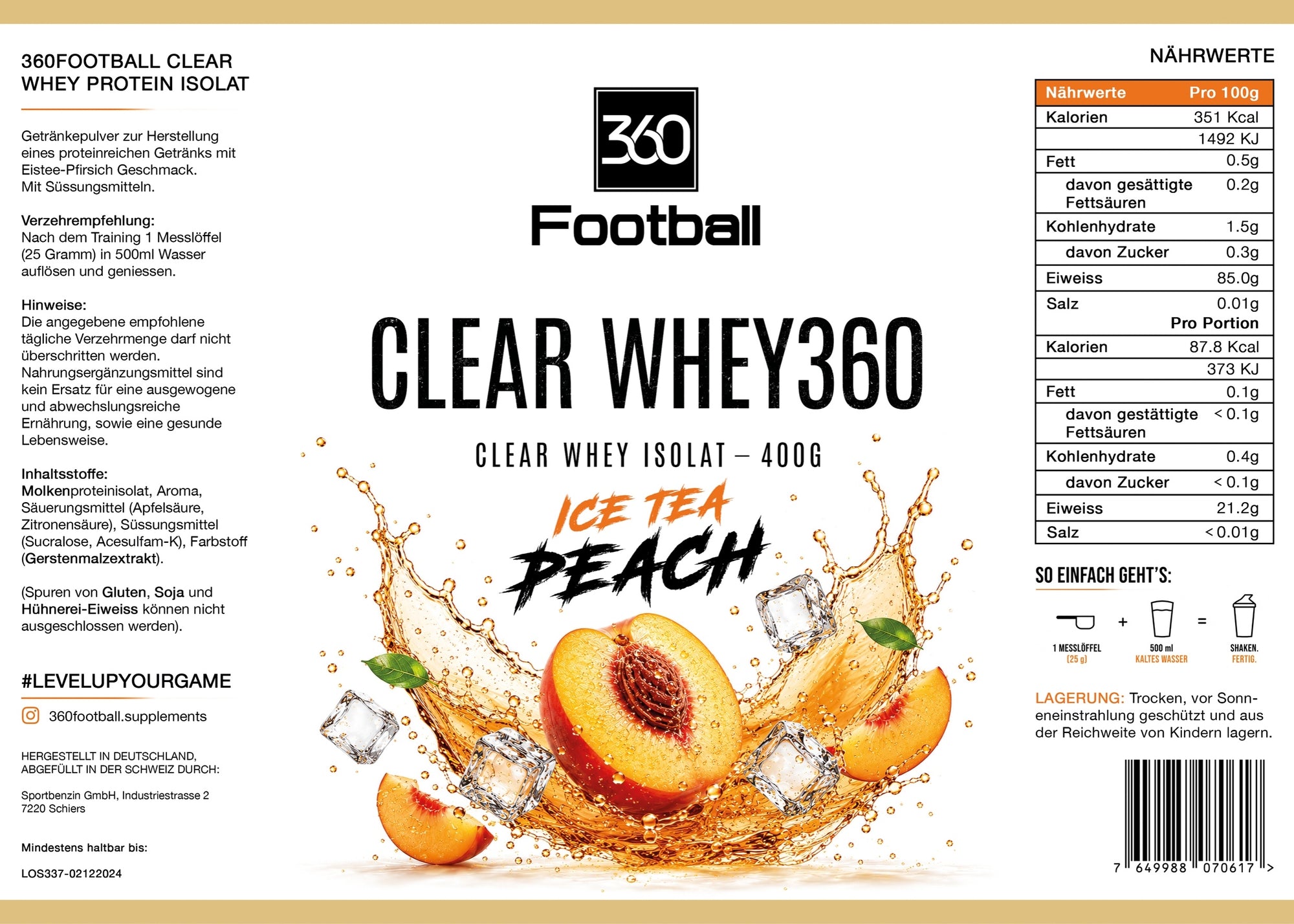 Clear Whey360 Ice Tea Peach – Etikett mit Nährwerten und Zutaten