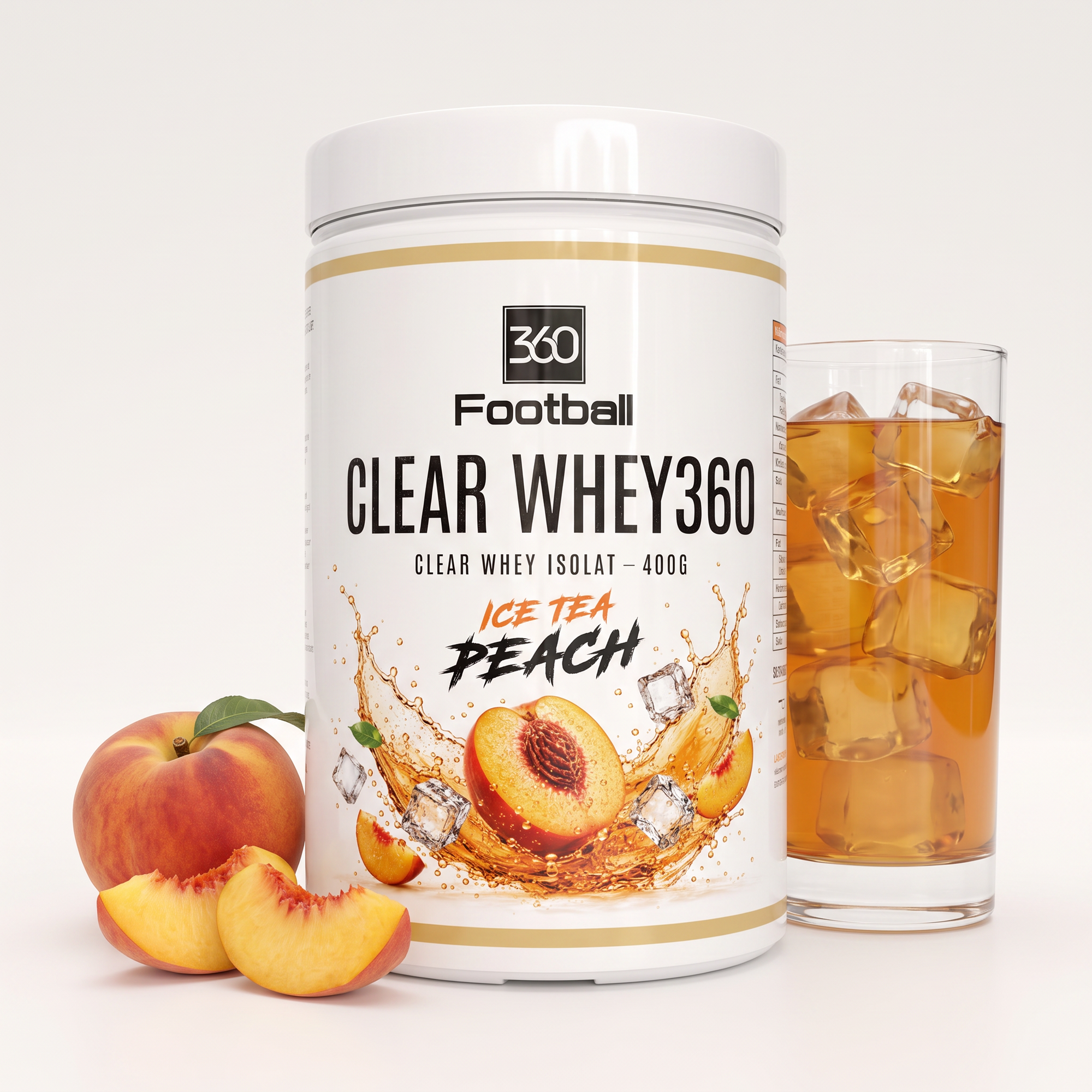 Clear Whey360 Ice Tea Peach – Studioaufnahme mit Eistee und Pfirsich