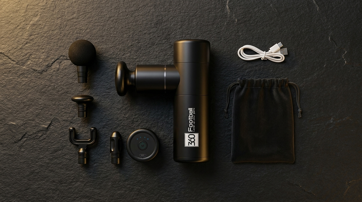 360Football Massage Gun Set mit vier Aufsätzen, USB-C-Kabel und Tasche – Flat-Lay