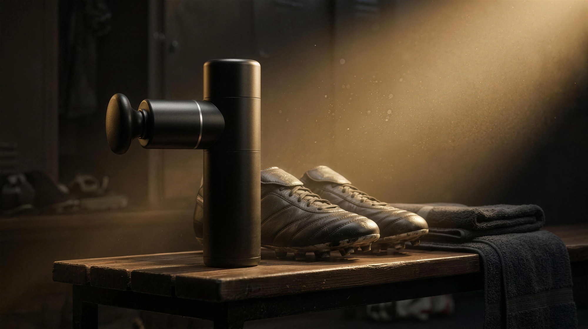 360Football Massage Gun auf Kabinenbank neben Fussballschuhen – Regeneration für Fussballer