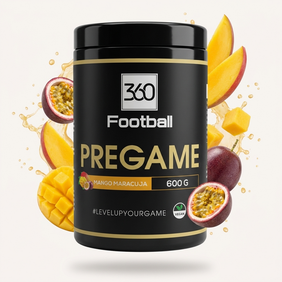 Pregame360 Mango Maracuja Dose umgeben von frischen Mango-Stücken und Maracuja-Hälften