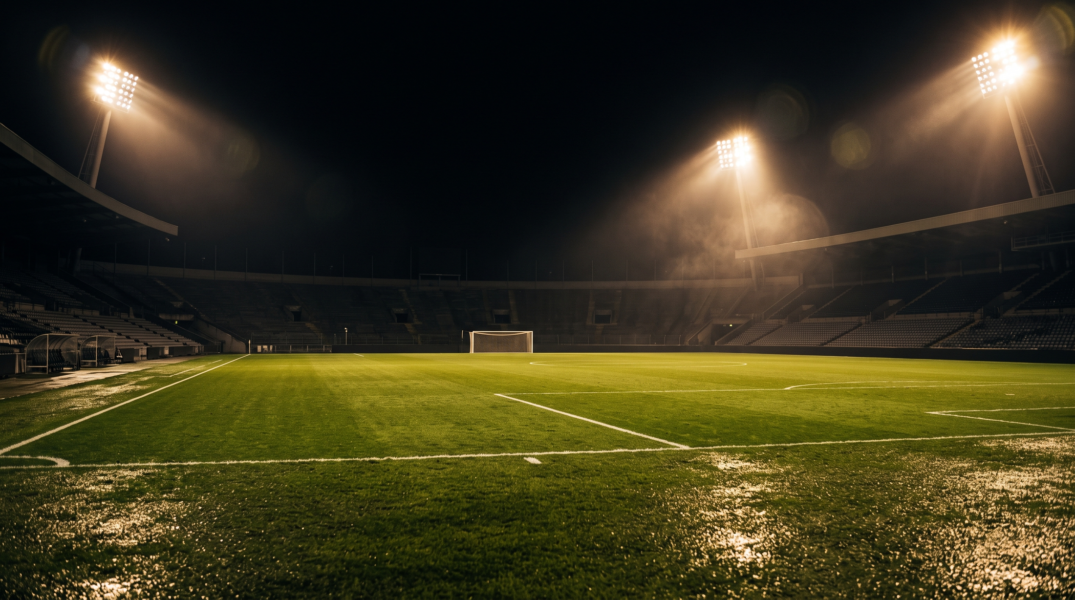 Leeres Fussballstadion bei Nacht im Flutlicht – Matchday-Stimmung für Pregame360