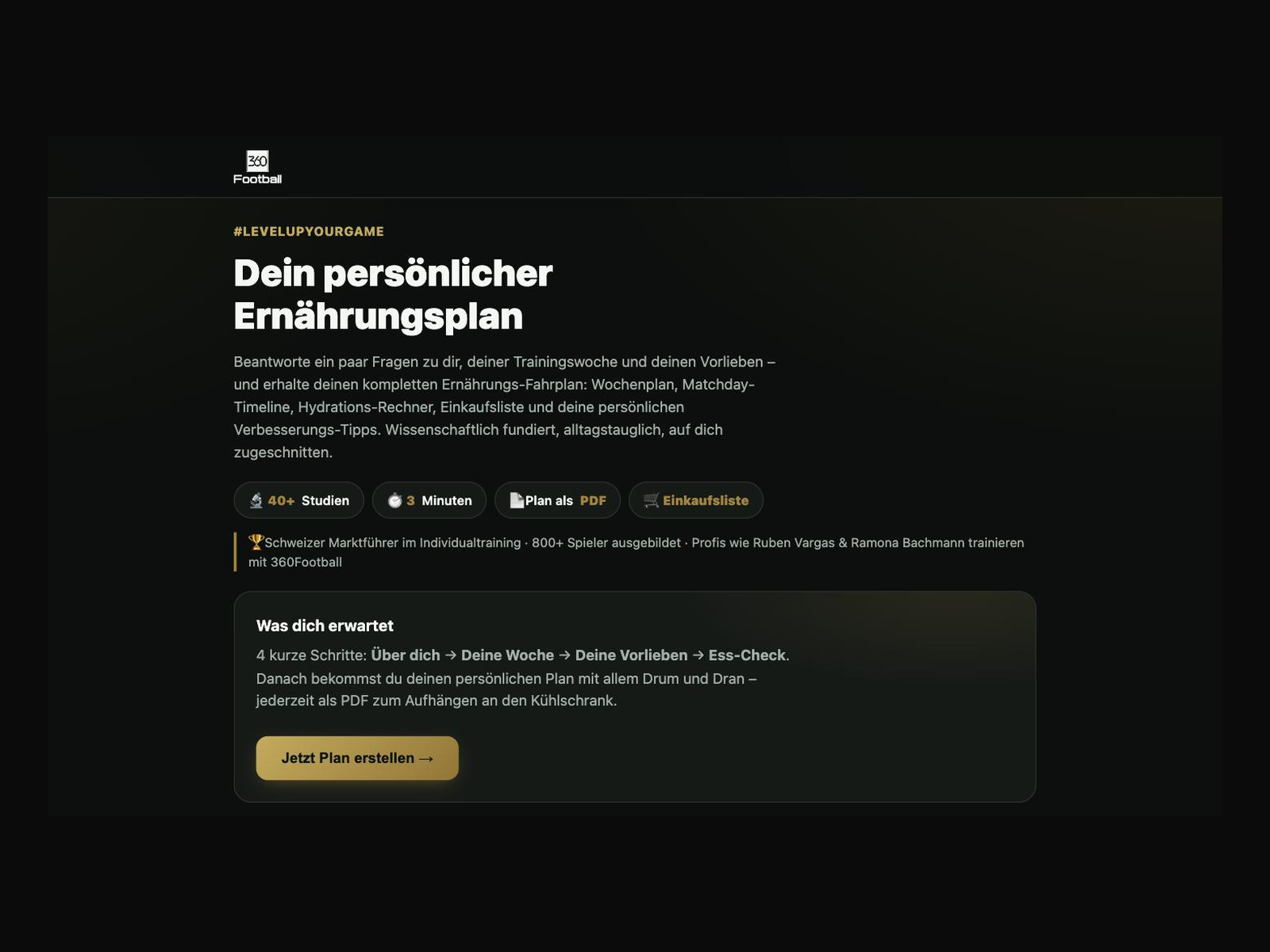 360Football Nutrition Generator – persönlicher Ernährungsplan für Fussballer, Wochenplan und Matchday-Timeline
