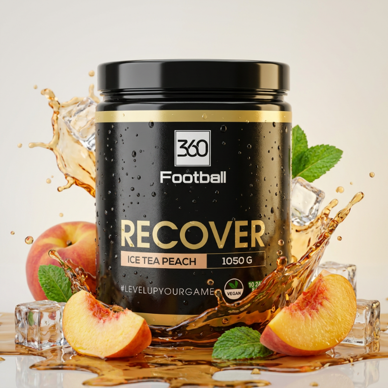Recover360 Ice Tea Peach Dose mit Eiswürfeln und frischen Pfirsichen, Variante B – Regenerations-Supplement für Fussballer