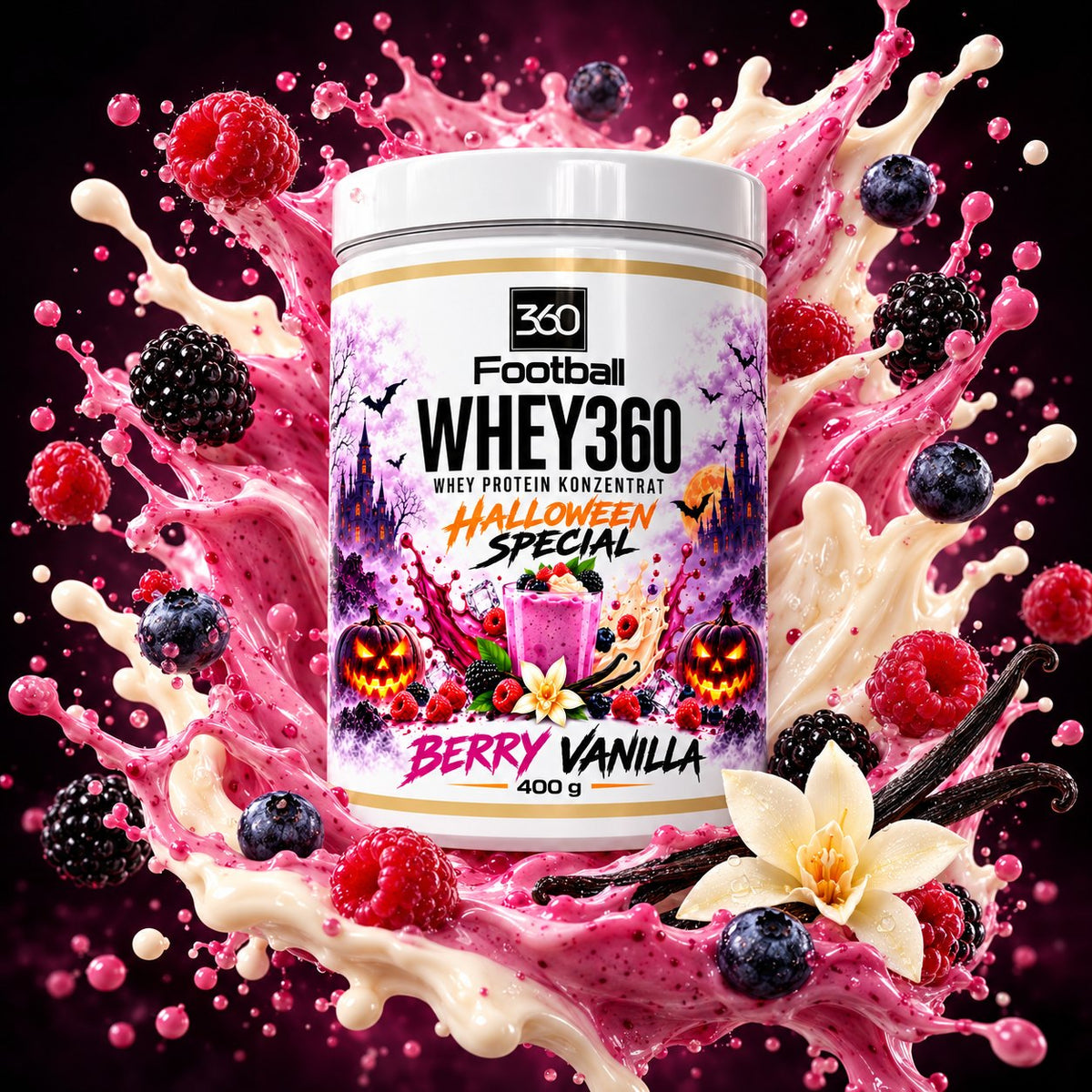 Whey360 Halloween Special mit Berry-Vanilla-Proteinshake-Splash, Himbeeren, Brombeeren und Vanille