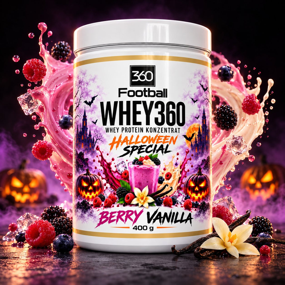 Whey360 Halloween Special Dose mit Halloween-Kürbissen und Beeren – limitiertes Proteinpulver für Fussballer