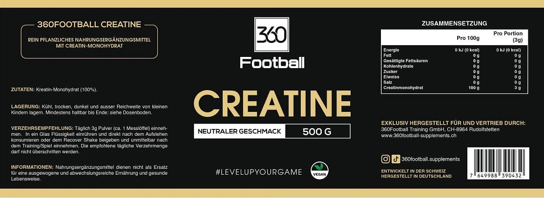 Die ganze Etikette von einer Creatine360 Dose ist zu sehen