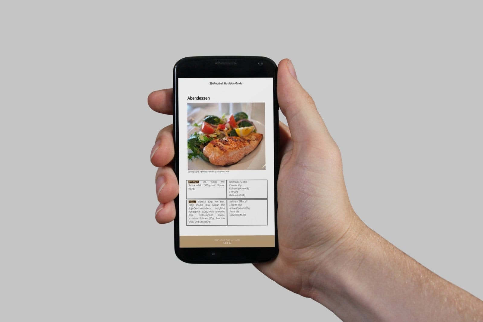 Eine Beispielsmahlzeit aus dem Ernährungsguide ist auf einem Handybildschirm als Mock Up zu sehen