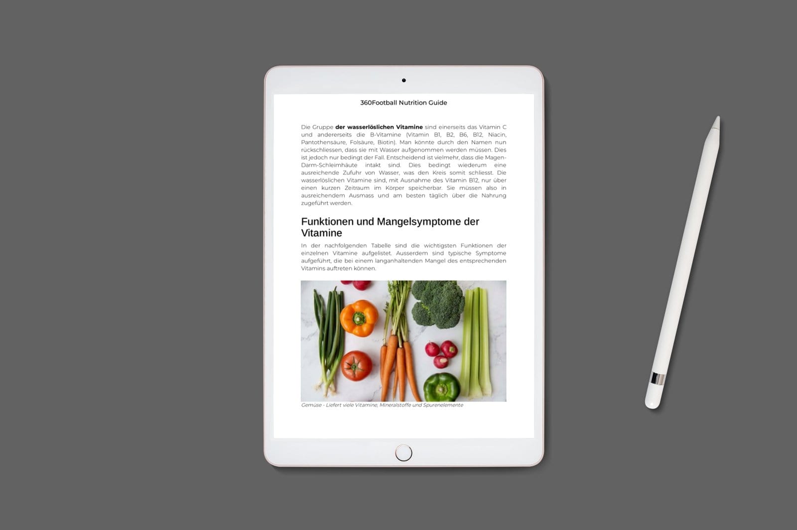 Ein wichtiges Kapitel (Vitamine) des Ernährungsguides von 360Football ist auf einem Tablet als Mock Up zu sehen